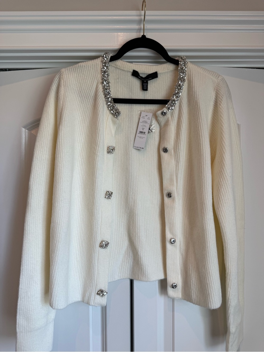 White House Black Market Ivory Jeweled-Neck Cardigan